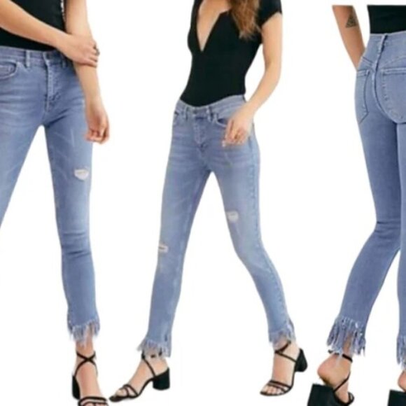 Free People sz 27 Boho Great Heights Frayed Skinny High Rise Crop Jeans - Picture 1 of 8